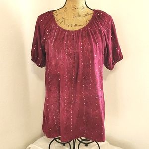 SHANNON FORD New York Burgundy Maroon tie dye Short Sleeve Sequin Top Tunic Lge.
